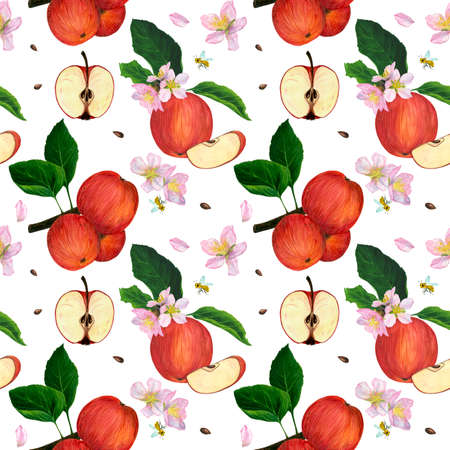Seamless pattern with red ripe apples, flowers, leaves, seeds and apple petals. Watercolor illustration.の写真素材