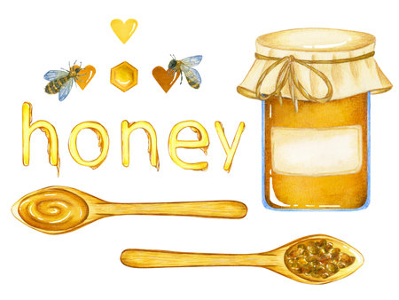 Watercolor honeycomb with a jar of honey, spoons, pollen, word, honeycomb.の写真素材