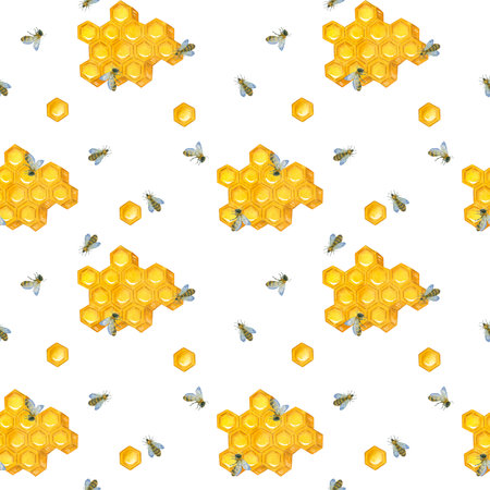 Watercolor illustration, a pattern of honeycombs with bees on a white background.の写真素材