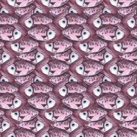 Seamless watercolor pattern with purple and pink sea fish, color background viva magenta.の写真素材