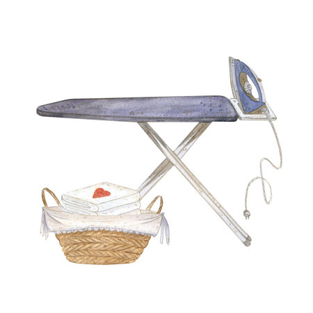 A watercolor illustration with a blue ironing board, an iron and a basket with linen, a stack of towels. cleanliness, order, cleaning. Suitable for packaging,postcards, business cards, logos,textiles.の写真素材