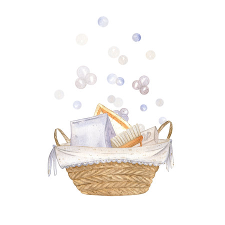 A wicker basket with cleaning detergents, powder, soap, brush, rag and soap bubbles. Isolate on a white background. Watercolor illustration. Suitable for packaging, postcards, business cards, logosの写真素材