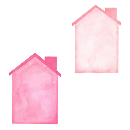 A set of watercolor illustrations of houses with roofs and chimneys in rich pink and pale pink colors. highlight on a white background. Suitable for textile design, printing, childrens things, webの写真素材