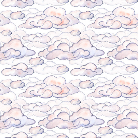 Densely laid out seamless pattern of pink clouds of different sizes. Watercolor illustration highlighted on a white background. Suitable for the design of postcards, invitations,bed linen, textilesの写真素材