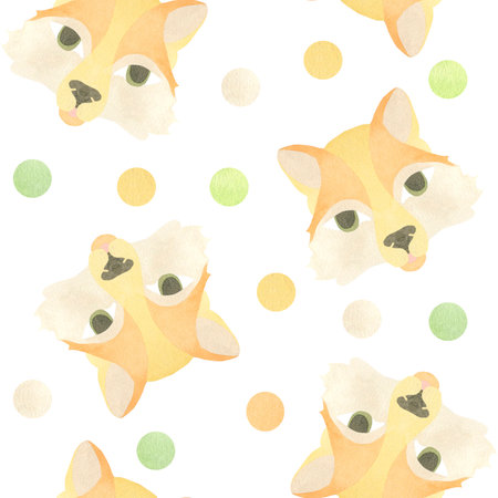 Seamless pattern with red fox muzzles and colored circles. Watercolor illustration highlighted on a white background. A set OF ANIMAL FACES. Suitable for childrens textile design, printing, wallpaperの写真素材