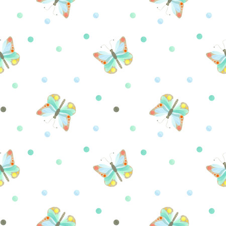 Seamless pattern of cute butterflies in pastel colors and blue spots, circles, peas. Watercolor illustration highlighted on a white background. A set OF ANIMAL FACES. Suitable for textiles, packagingの写真素材