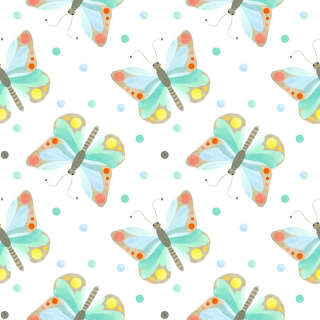 Seamless pattern of cute butterflies in pastel colors and blue spots, circles, peas. Watercolor illustration highlighted on a white background. A set OF ANIMAL FACES. Suitable for textiles, packagingの写真素材