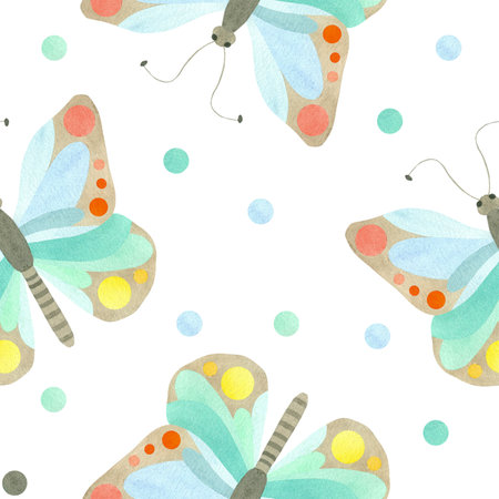 Seamless pattern of cute butterflies in pastel colors and blue spots, circles, peas. Watercolor illustration highlighted on a white background. A set OF ANIMAL FACES. Suitable for textiles, packagingの写真素材