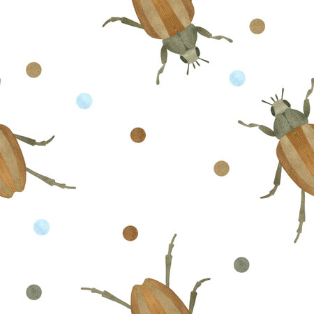 Seamless pattern with brown bugs and multicolored watercolor spots. Watercolor illustration, isolate on a white background. A set OF ANIMAL FACES. Suitable for childrens textiles, packaging,postcardsの写真素材