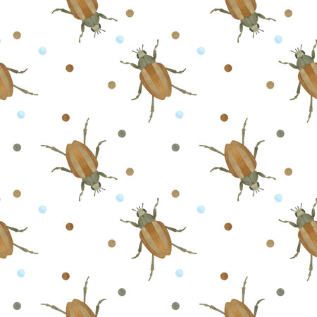 Seamless pattern with brown bugs and multicolored watercolor spots. Watercolor illustration, isolate on a white background. A set OF ANIMAL FACES. Suitable for childrens textiles, packaging,postcardsの写真素材