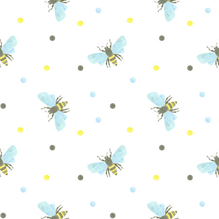 Seamless pattern with honey bees and multicolored watercolor spots on a white background. Watercolor illustration. A set OF ANIMAL FACES. Suitable for childrens textiles, packaging, postcardsの写真素材