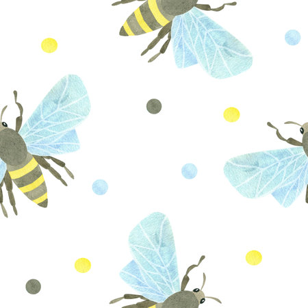 Seamless close-up drawing with honey bees and multicolored watercolor spots on a white background. Watercolor illustration. A set OF ANIMAL FACES. Suitable for childrens textiles, packaging,postcardsの写真素材