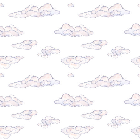 Childrens seamless pattern of watercolor pink clouds on a white background. Watercolor illustration. Suitable for the design of postcards, paper wallpaper, invitations,bed linen, textiles, printingの写真素材