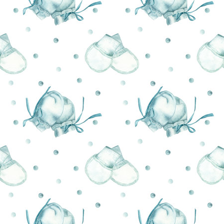 Seamless pattern of cute baby pairs of blue and white mittens and socks with blue ribbons for a newborn and watercolor circles on a white background. Watercolour. bed linen, childrens textilesの写真素材