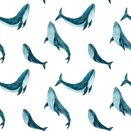Seamless pattern with blue whales hand-painted in watercolor, on a white background. Watercolor illustration. Suitable for textile design, wrappers, packaging, accessories, printing, stationeryの写真素材