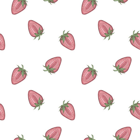 Seamless pattern with pink strawberries in a whole form and in a section on a white background. Watercolor illustration. Suitable for packaging design, household and kitchen items, postcards, textilesの写真素材