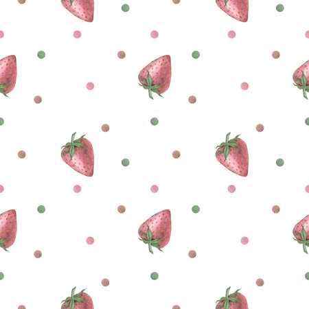 Seamless pattern with pink strawberries in a whole form and in a section on a white background. Watercolor illustration. Suitable for packaging design, household and kitchen items, postcards, textilesの写真素材