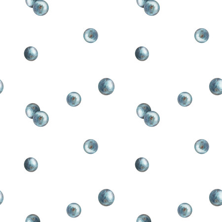 Watercolor seamless pattern with blue blueberry berries on a white background, in vintage style....