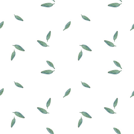 Watercolor seamless pattern with green small leaves in vintage style. Illustration on a white background. Template for printing wallpaper, textiles, stationery, packaging, bed linen, web designの写真素材