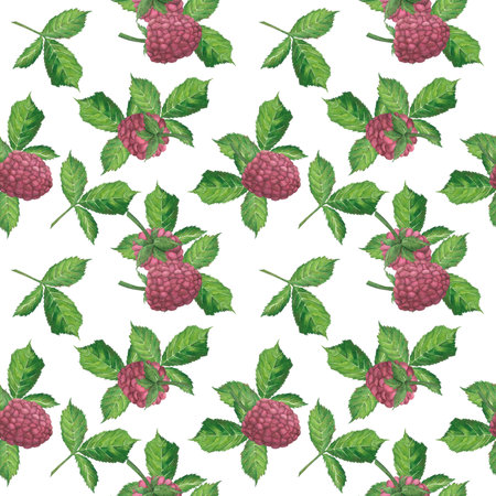 Seamless pattern of green leaves and raspberries on a white background. Watercolor illustration....