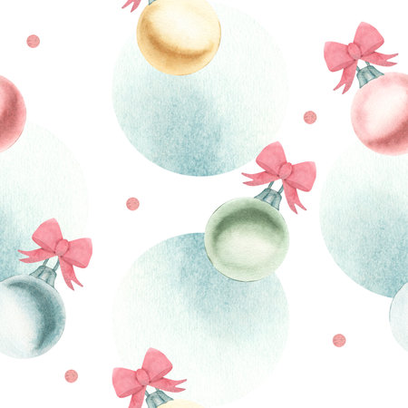 Seamless pattern with Christmas balls of red, green, yellow and blue, decorated with a red bow on a blue snowy background. Glass toys. close-up. Watercolor illustration. Template Christmas decorationの写真素材
