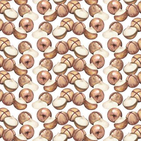 Seamless pattern with brown macadamia nuts in a shell on a light background. Watercolor illustration. Cosmetics, food, care. Template for packaging design, textiles, prints, tableware, printingの写真素材