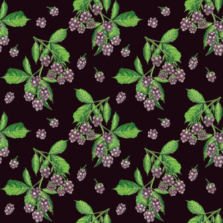 Seamless pattern with ripe blackberry fruits and green leaves. A hand-drawn watercolor illustration on a black background. Set, garden berry, wild berry, food, jam, dessert, medicine, postcardの写真素材