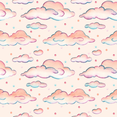 Watercolor seamless pattern with pink clouds and multicolored rainbow rain, isolated clipart on a light background. Illustration for the design of childrens decor, textiles, wallpaper, gift packagingの写真素材