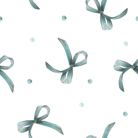 Seamless watercolor pattern with blue bows on a background of blue spots. Birthday, holiday, gift. Illustration template for textile design, gift wrapping, tableware, wallpaper, officeの写真素材