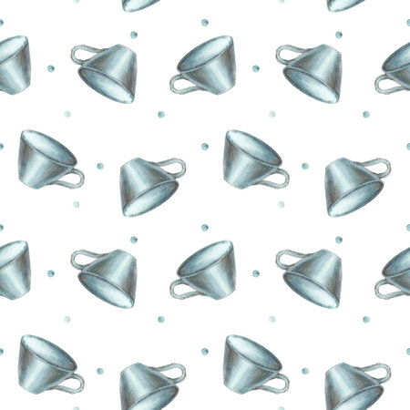 Seamless watercolor pattern in vintage style - a tea cup on a background of blue spots. Birthday, holiday, gift. Illustration template for textile design, gift wrapping, tableware, wallpaper, officeの写真素材