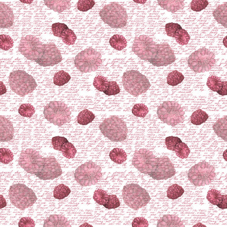 Seamless pattern featuring a red raspberry berry in the background, against a handwritten text. The design is a watercolor illustration. The fruit pattern is suitable for packaging, textile, tablewareの写真素材