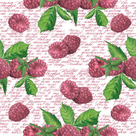 Seamless pattern featuring a red raspberry berry in the background, against a handwritten text. The design is a watercolor illustration. The fruit pattern is suitable for packaging, textile, tablewareの写真素材