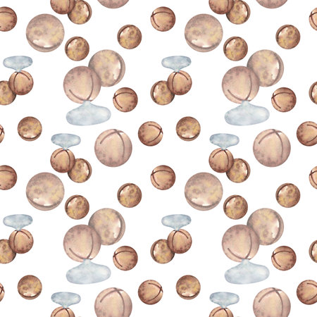 Seamless pattern of ripe macadamia nuts on a white background. The macadamia tree. A close-up of a nut. Watercolor illustration. Seamless pattern, banner. Template for textiles, fabrics, packagingの写真素材