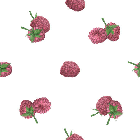 Seamless pattern with raspberries, made in watercolor. Summer berries in close-up. The illustration...