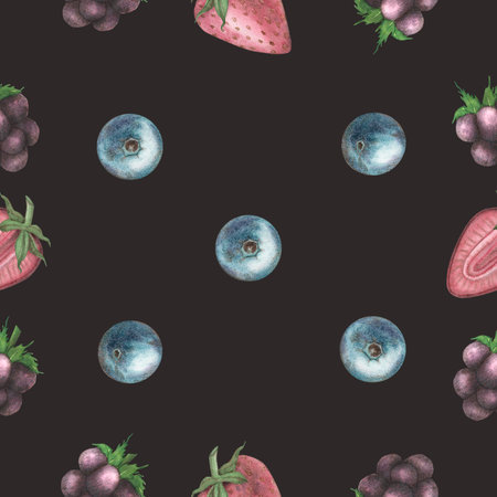 Seamless pattern with summer berries - strawberries, blackberries, blueberries. A garden berry in close-up. Watercolor illustration on a dark background. Food, drinks. Template for the designの写真素材