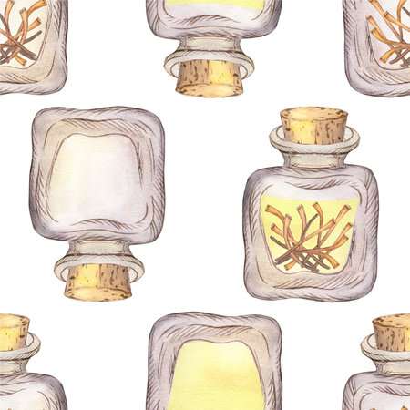 Seamless pattern with glass jars of saffron oil and pestles. A hand-drawn watercolor illustration is highlighted on a white background. Vegetable oil, saffron oil, spices, food, spa, aromatherapyの写真素材