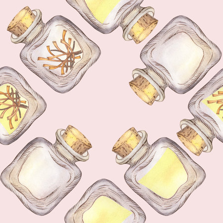 Seamless pattern with glass jars of saffron oil and pestles. A hand-drawn watercolor illustration is highlighted on a white background. Vegetable oil, saffron oil, spices, food, spa, aromatherapyの写真素材