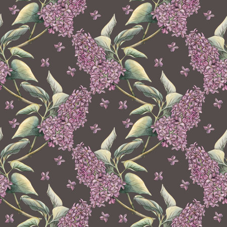 Seamless pattern with lilac flowers on a white background, a branch of lilac with leaves on a dark background. Watercolor illustration, botany in vintage style. Template for packaging, textilesの写真素材