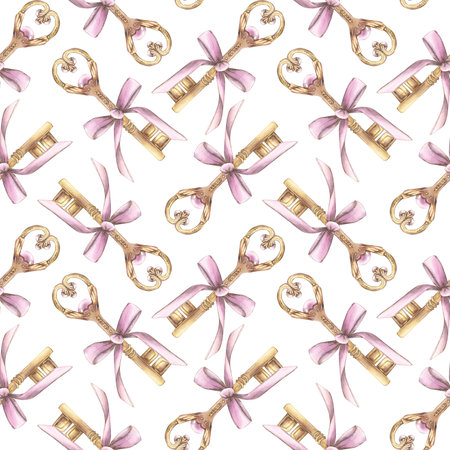 Seamless pattern with vintage bronze key and pink satin bow on a white background. Watercolor illustration. Romance, love, secret, gift, holiday. Template for design, packaging, wallpaper, textilesの写真素材