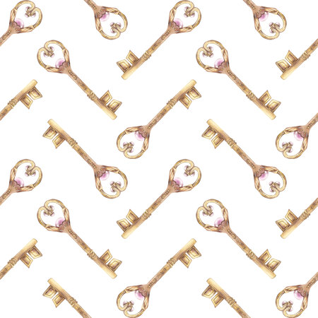 Seamless pattern with vintage gold, bronze key on a white background. A hand-drawn watercolor illustration. Romance, love, secret, gift, holiday. Template for the packaging, wallpapers, textilesの写真素材