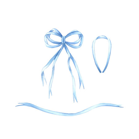 Watercolor illustration of a blue ribbon bow, hand-drawn, isolated on a white background. A cute decoration, a decorative element for a holiday or a gift, a symbol of the holiday. Template, clipartの写真素材