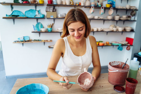 Mid-shot of potter decorating clay mug after firing in oven. Woman in white tanktop enopying creative procces of pottery coloring. Sitting in workshop with white walls and lorful clay items, products.の写真素材