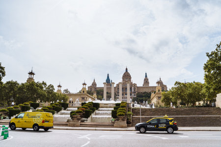 Barcelona Spain. Plaza Espana and world famous magic fountain, Art museum of Catalonia. Sunny day in beautiful city. Tourism, vacations, weekend, walking through gorgeous cityのeditorial素材