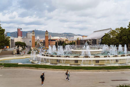 Barcelona Spain. Plaza Espana and world famous magic fountain, Art museum of Catalonia. Sunny day in beautiful city. Tourism, vacations, weekend, walking through gorgeous cityのeditorial素材