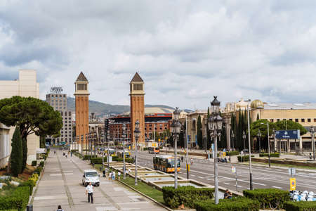 Barcelona Spain. Plaza Espana and world famous magic fountain, Art museum of Catalonia. Sunny day in beautiful city. Tourism, vacations, weekend, walking through gorgeous cityのeditorial素材