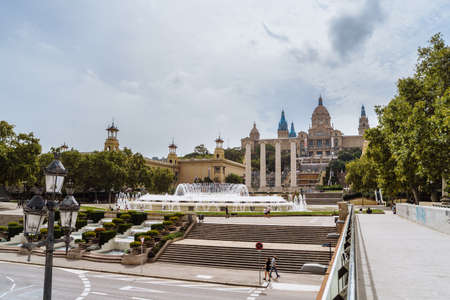 Barcelona Spain. Plaza Espana and world famous magic fountain, Art museum of Catalonia. Sunny day in beautiful city. Tourism, vacations, weekend, walking through gorgeous cityのeditorial素材