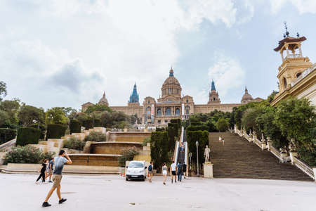 Barcelona Spain. Plaza Espana and world famous magic fountain, Art museum of Catalonia. Sunny day in beautiful city. Tourism, vacations, weekend, walking through gorgeous cityのeditorial素材