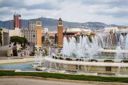 Barcelona Spain. Plaza Espana and world famous magic fountain, Art museum of Catalonia. Sunny day in beautiful city. Tourism, vacations, weekend, walking through gorgeous cityのeditorial素材