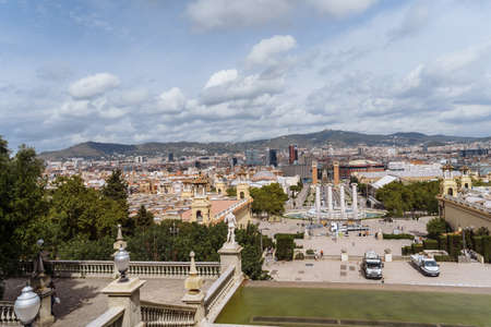 Barcelona Spain. Plaza Espana and world famous magic fountain, Art museum of Catalonia. Sunny day in beautiful city. Tourism, vacations, weekend, walking through gorgeous cityのeditorial素材