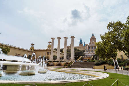 Barcelona Spain. Plaza Espana and world famous magic fountain, Art museum of Catalonia. Sunny day in beautiful city. Tourism, vacations, weekend, walking through gorgeous cityのeditorial素材